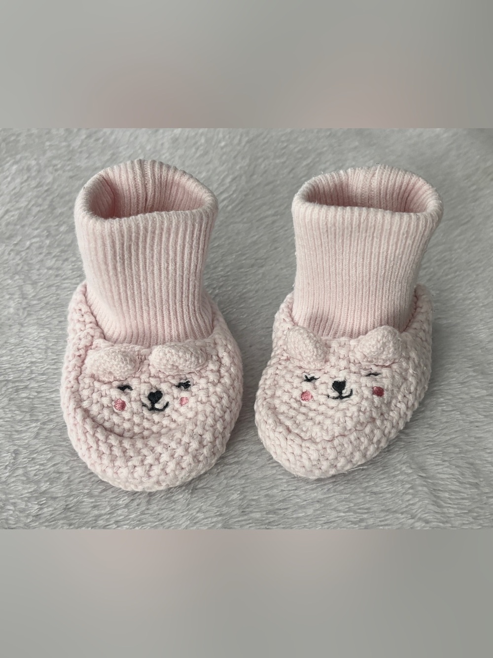 Soft Pink Knit Baby Booties with Cute Bear Face